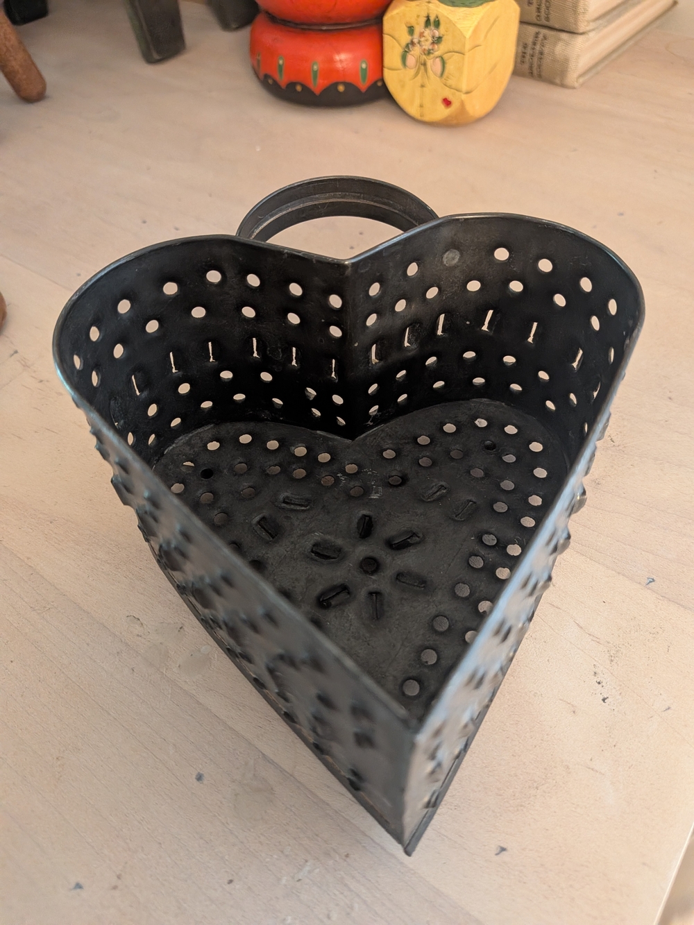 Punched Tin Heart Cheese Mold Basket Rustic Primitive